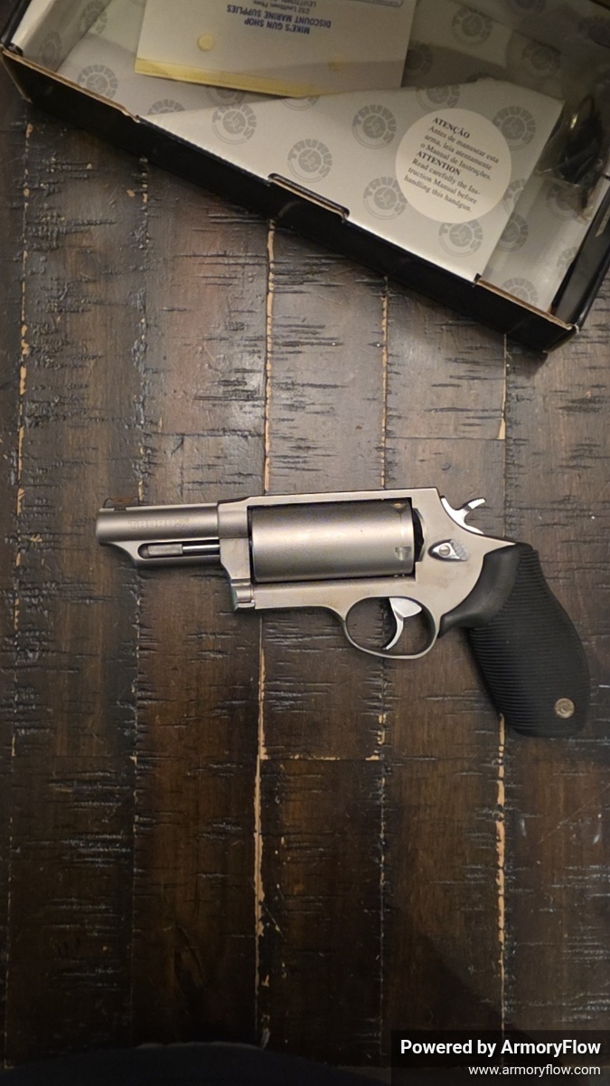 Taurus Judge revolver chambered in .410 Bore and .45 Long Colt. Used firearm in really excellent condition with minimal signs of wear. Solid, versatile revolver known for its unique dual-caliber capability and dependable performance.

Features the rugged Taurus design with a comfortable grip and smooth double-action/single-action trigger operation. Great choice for range use, trail carry, or adding something different to the collection.

Clean overall condition and functions as it should. A well