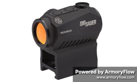 Sig Sauer Romeo5 compact red dot sight featuring a 2 MOA red dot reticle and integrated Picatinny mount. The black anodized aluminum housing with amber lens provides excellent target acquisition and durability for tactical and sporting applications.