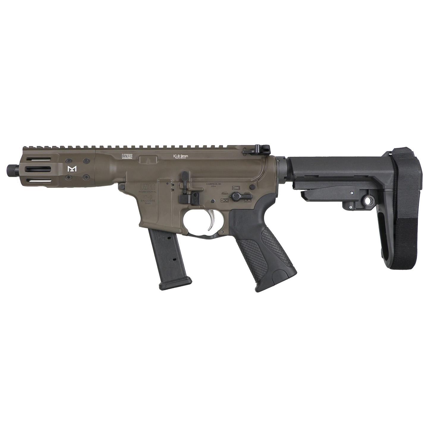 LWRC ICP9PBC8SBA3 IC-9 9mm Luger 8.50" 33+1 Black Nitride Threaded Barrel, Patriot Brown Anodized Aluminum Picatinny Rail Receiver, SB Tactical SBA3 Brace, LWRC Ultra Combat Grip, Ambidextrous