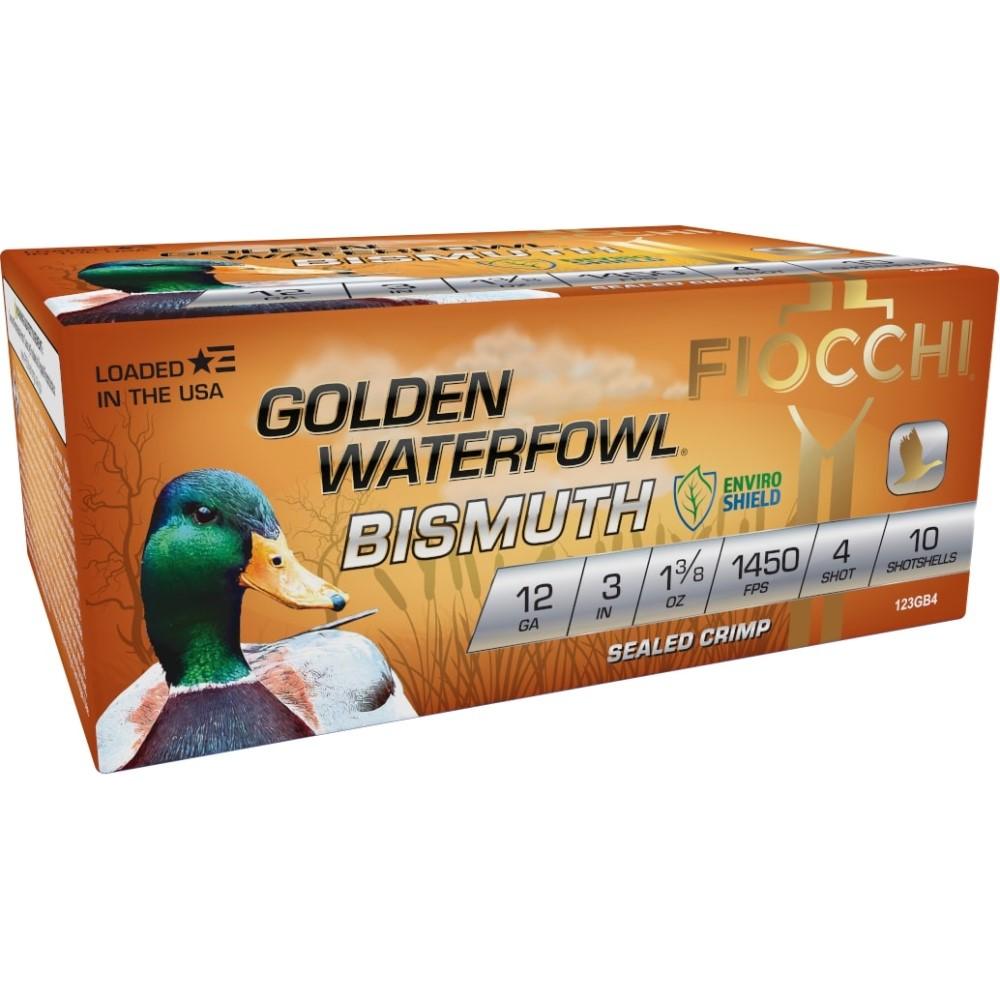 Fiocchi 123GB4 Golden Waterfowl Bismuth 12Gauge 3" 1 3/8oz 4Shot 10 Per Box/10 Case