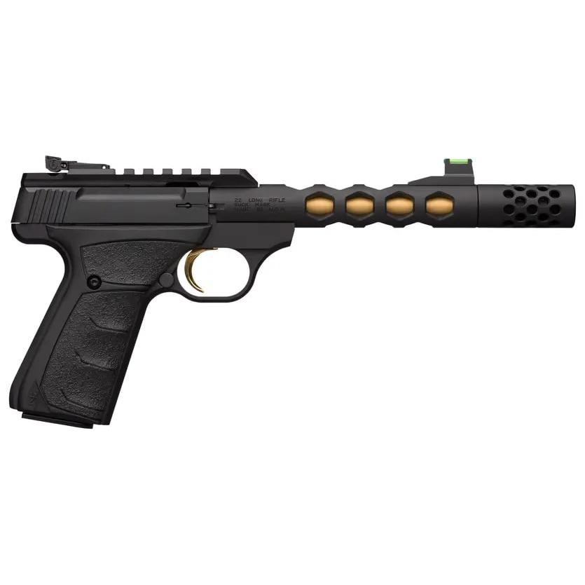 Browning 051573490 Buck Mark Plus Vision SR 22 LR 10+1 5.87" Black Anodized/Gold Cerakote/SR/Threaded Barrel, Matte Black Serrated Steel/Optic Ready Slide & Aluminum Frame Black Ultragrip FX Grip