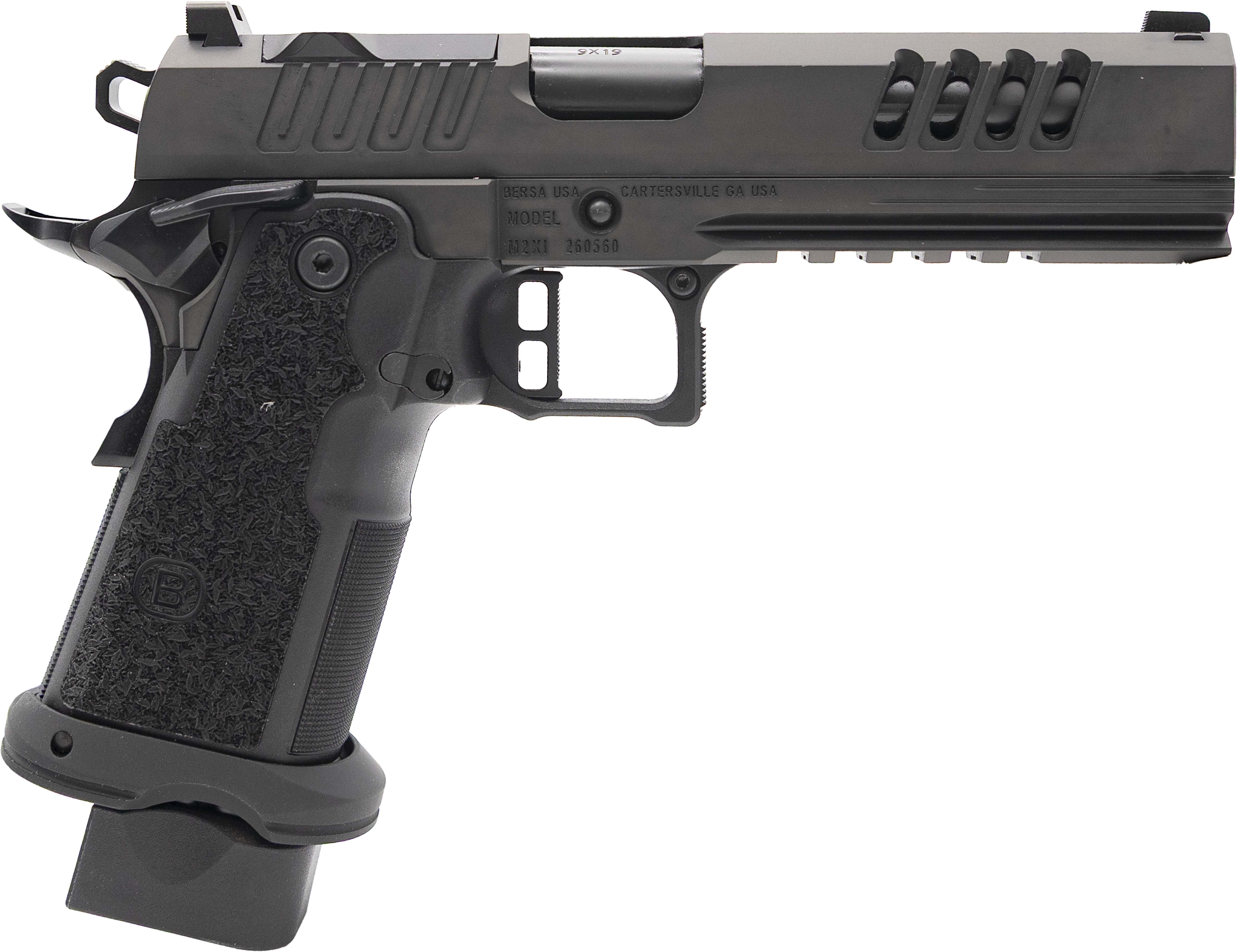 Bersa M2XIO5BBFN2 M2XI 1911 DS 9mm Luger 23+1 5" Black Match Grade Bull Barrel, Steel Optic Ready/Serrated Slide, Black Steel Frame w/Beavertail & Picatinny Rail, Textured Grip, Holosun K Footprint, A