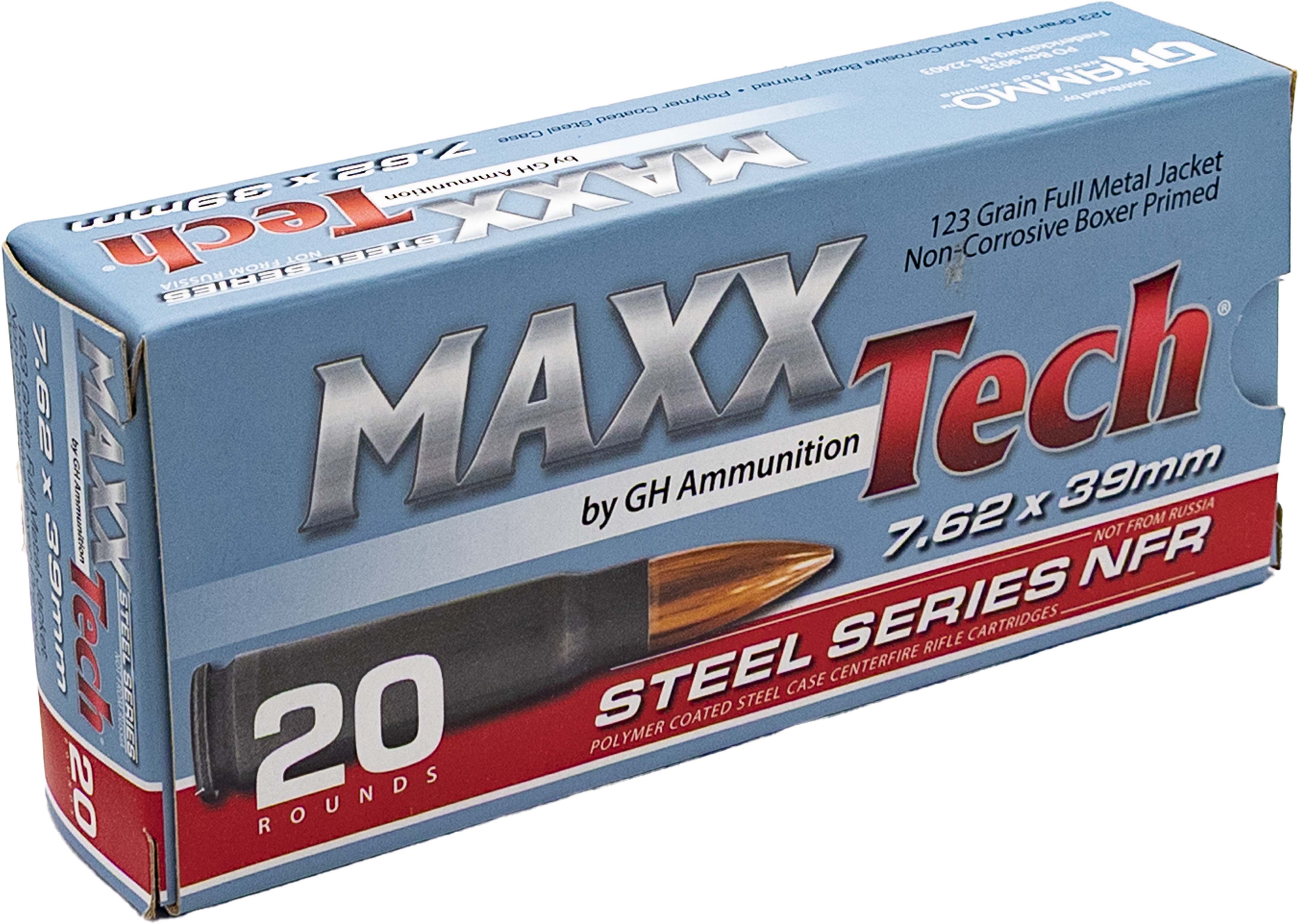 Maxxtech NFR Steel Case Rifle Ammunition 7.62x39mm 123gr FMJ 2428 fps 20/ct