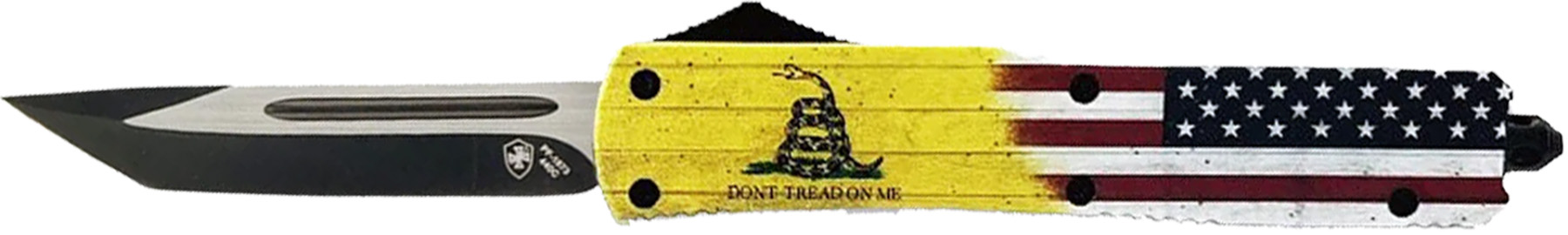 Templar Knife S-DTOM-23-1 Gen II Don't Tread On Me Small 2.69" OTF Plain Black Oxide 440C SS Blade, 4.25" Yellow w/Flag & "Don't Tread On Me" Aluminum Handle, Glass Breaker