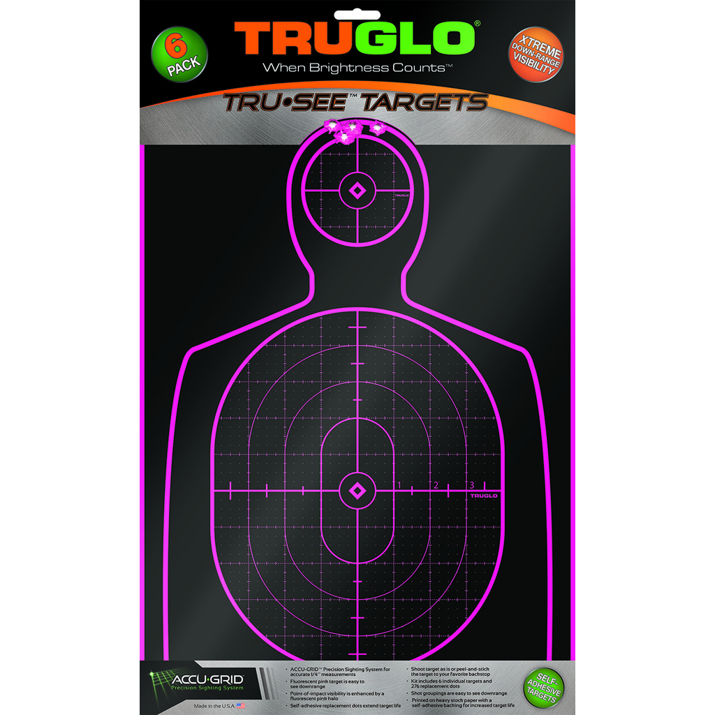 TruGlo TG13P6 Tru-See Handgun Target Self-Adhesive Heavy Paper Black/Pink 12"x18" Silhouette 6 Pack