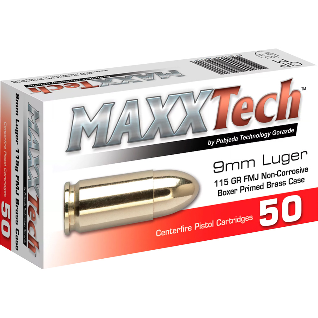MaxxTech PTGB9MMB Brass Pistol 9mmLuger 115gr Full Metal Jacket 50 Per Box/10 Case