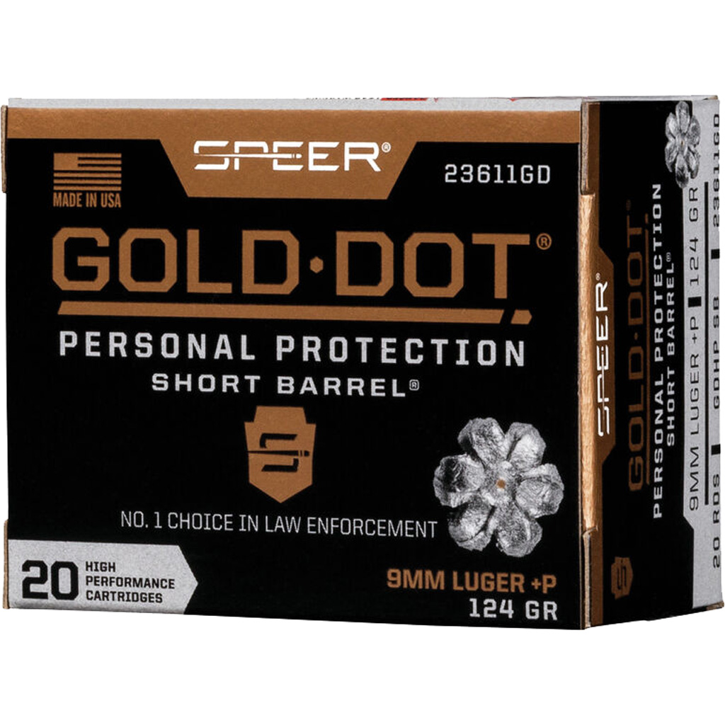 Speer 23611GD Gold Dot Personal Protection Short Barrel 9mmLuger+P 124gr Hollow Point 20 Per Box/10 Case