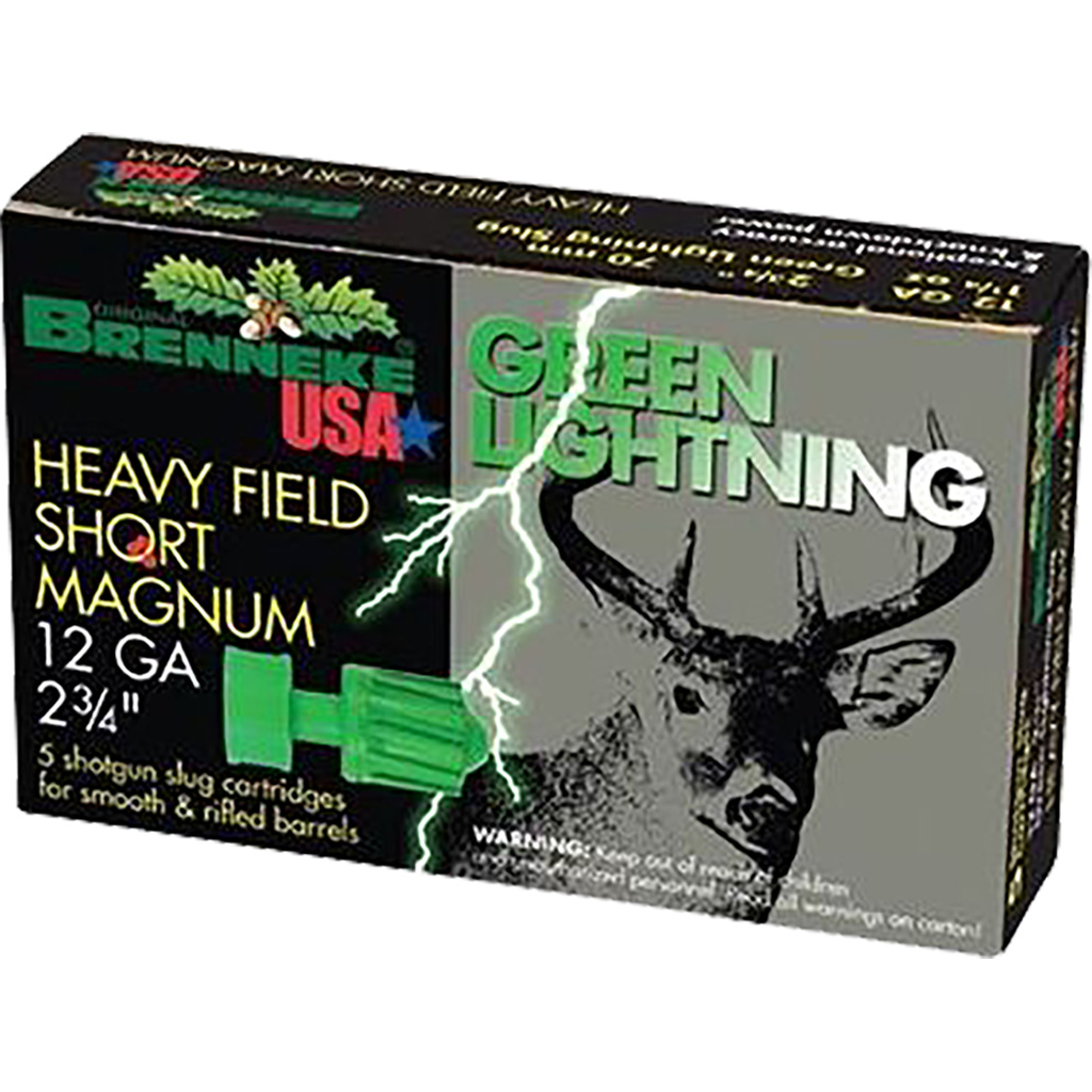 Brenneke SL122HFSGL Green Lightning Heavy Field 12Gauge 2.75" 1 1/4oz Slug Shot 5 Per Box/50 Case