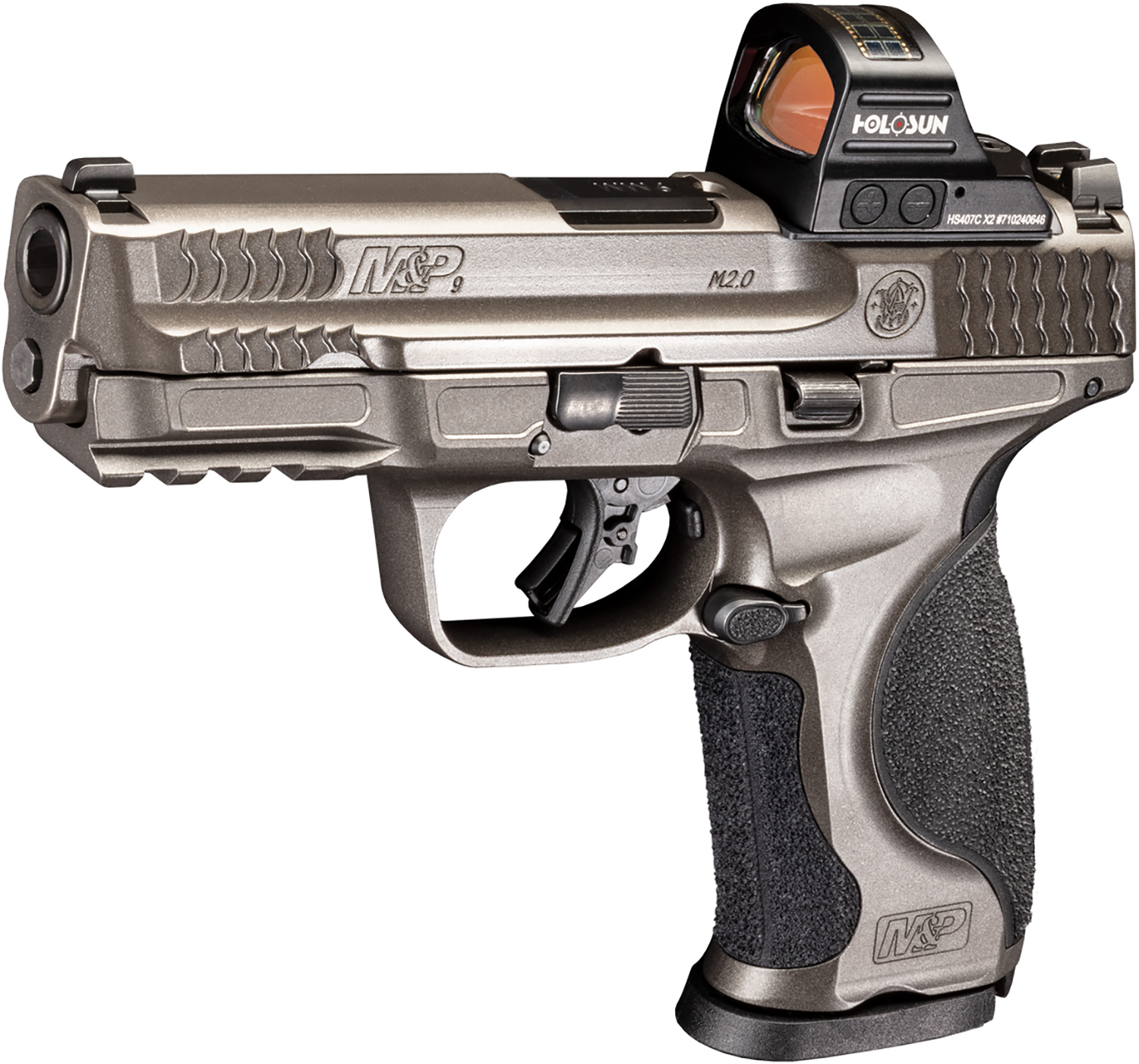 Smith & Wesson M&P9 M2.0 Handgun 9mm Luger 17rd Magazines (2) 4.25" Barrel Silver Metal with Black Grips and Holosun HS407C X2 Red Dot
