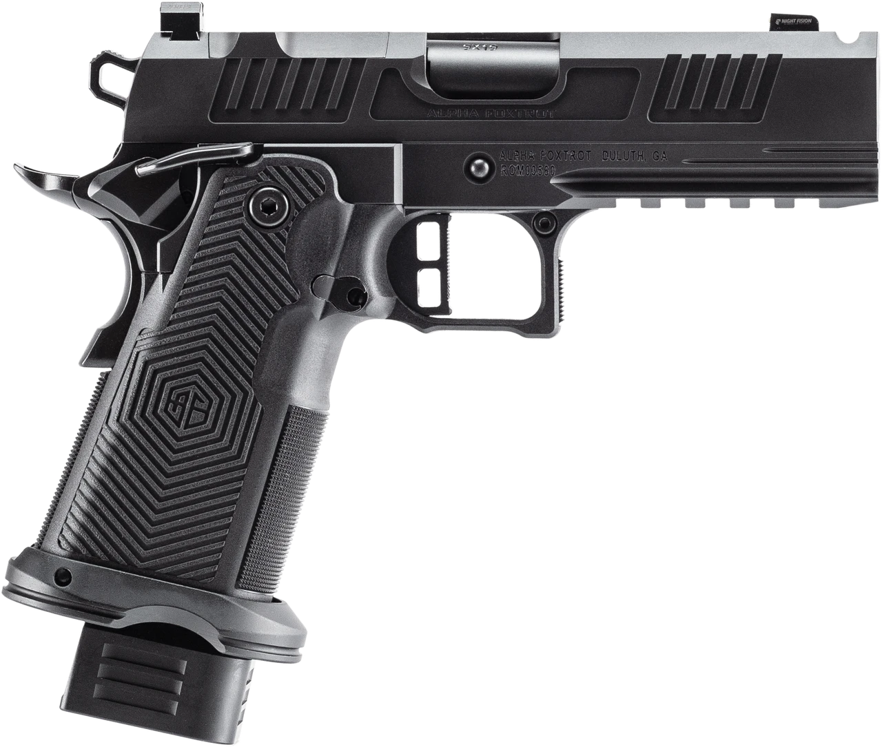 Alpha Foxtrot AF1911-Romulus MOS Adapter Handgun 9mm Luger 17(1) & 20rd(1) Magazines 4.25" Ported Bull Barrel DLC Black