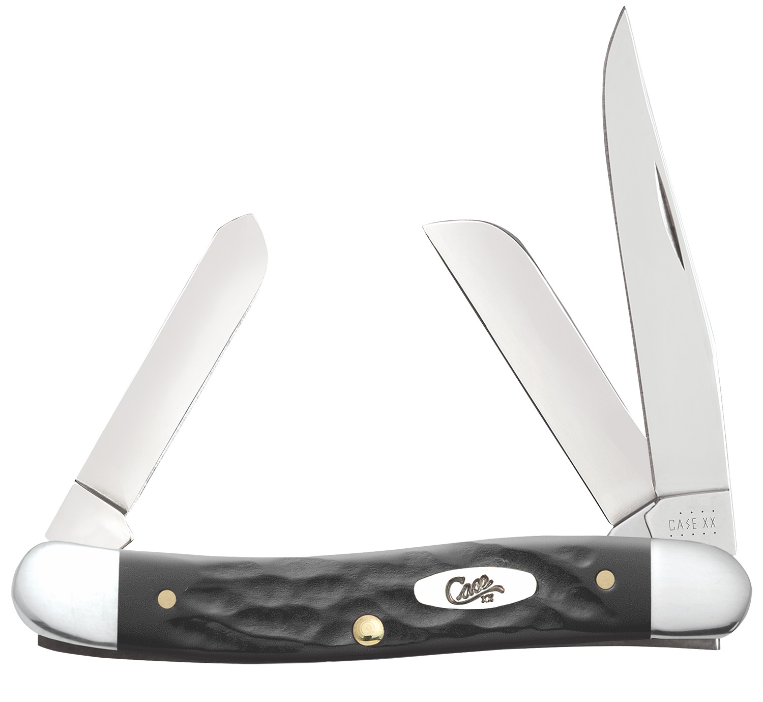 Case 18222 Stockman Medium Folding, 2.57"/1.88"/1.71" Clip Point/Sheepsfoot/Spey Plain Mirror Polished Tru-Sharp SS Blade, Rough Black Jigged Synthetic Handle