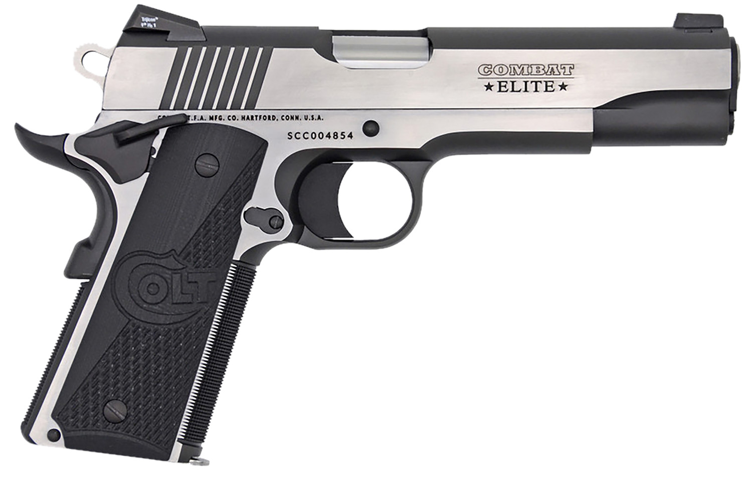 Colt Mfg O1072CE 1911 Combat Elite Government 9mm Luger 5" 9+1 Overall Two-Tone Elite Finish Stainless Steel Frame & Slide with Half Checkered & Scalloped Black G10 Grip & Night Sights