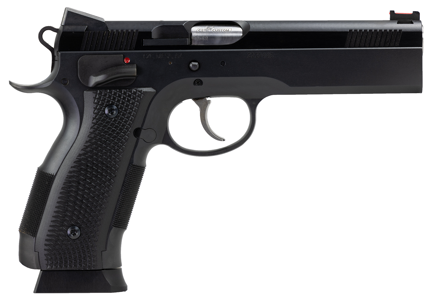 CZ-USA 91731 A01-LD Full Size Frame 9mm Luger 19+1 4.93" Black Match Grade Bull Barrel, Blued Serrated Steel Slide, Blued Steel Frame w/Beavertail, Black Checkered Polymer Grip