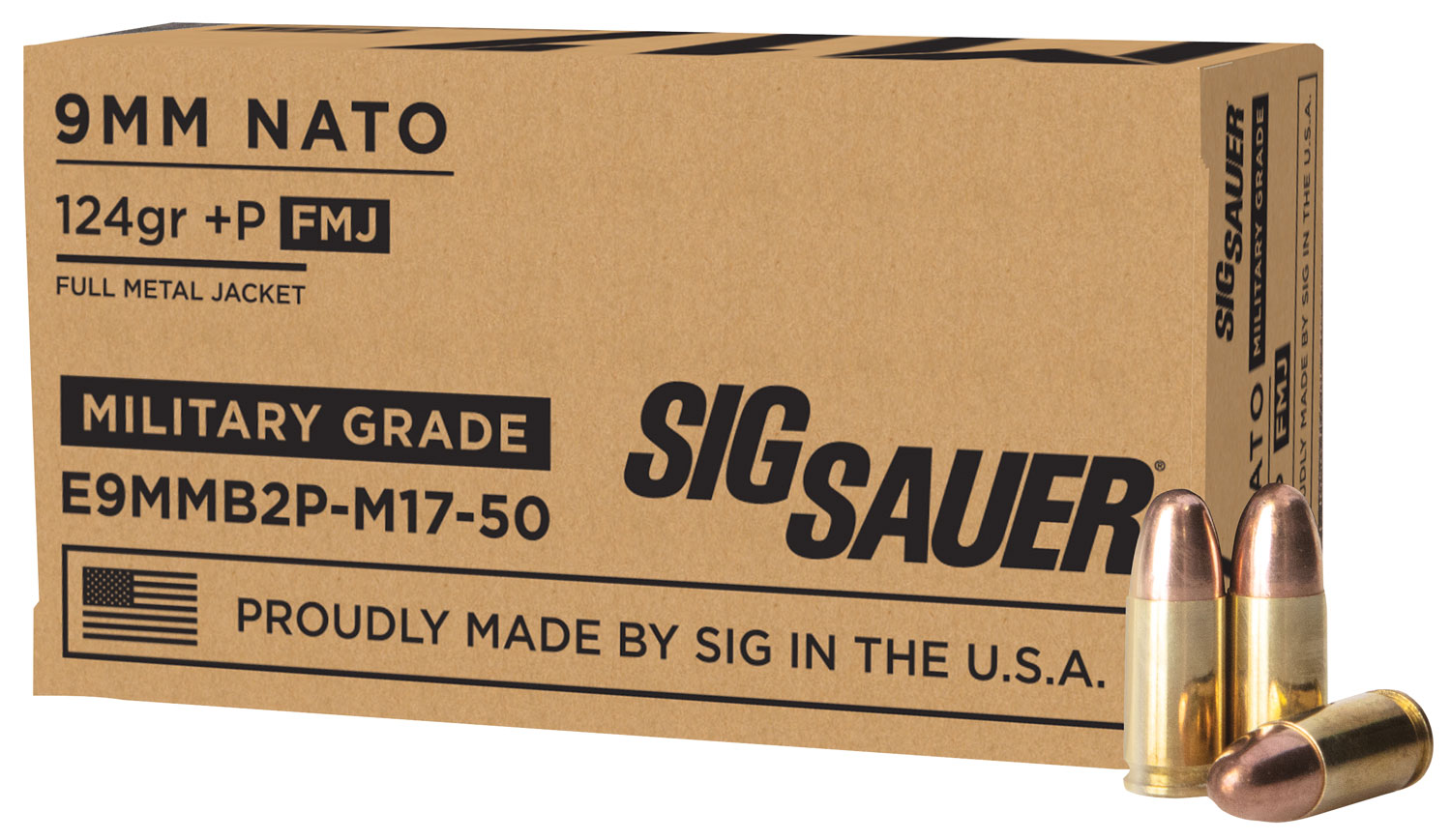 Sig Sauer E9MMB2PM1750 Military Grade M17 9mmLuger+P 124gr Full Metal Jacket 50 Per Box/20 Case