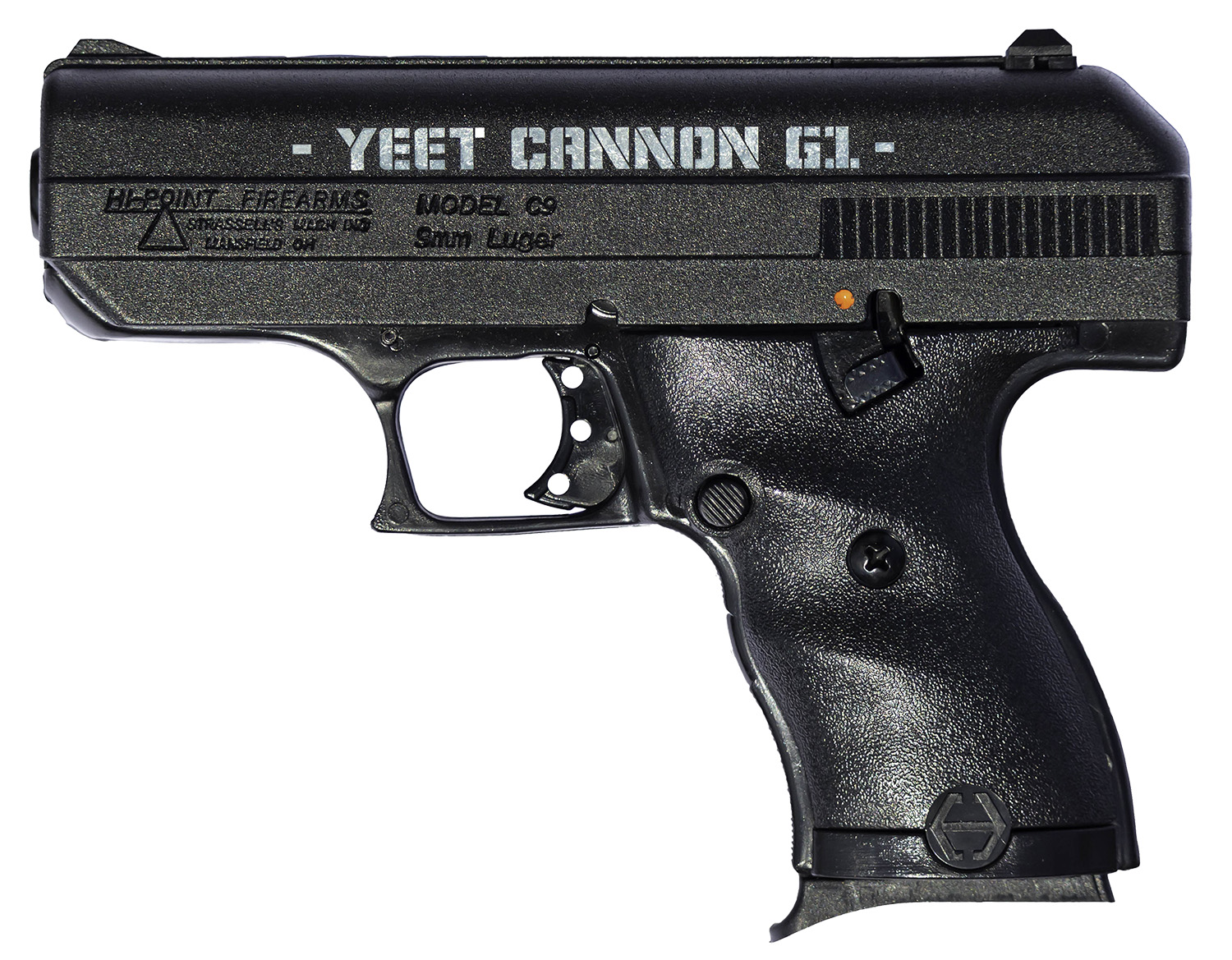 Hi-Point 916G1YC YC9 Gen1 9mm Luger 8+1 3.50" Black Steel Barrel, Black Serrated w/Engraving Steel Slide, Black Polymer Frame & Grip, Right Hand