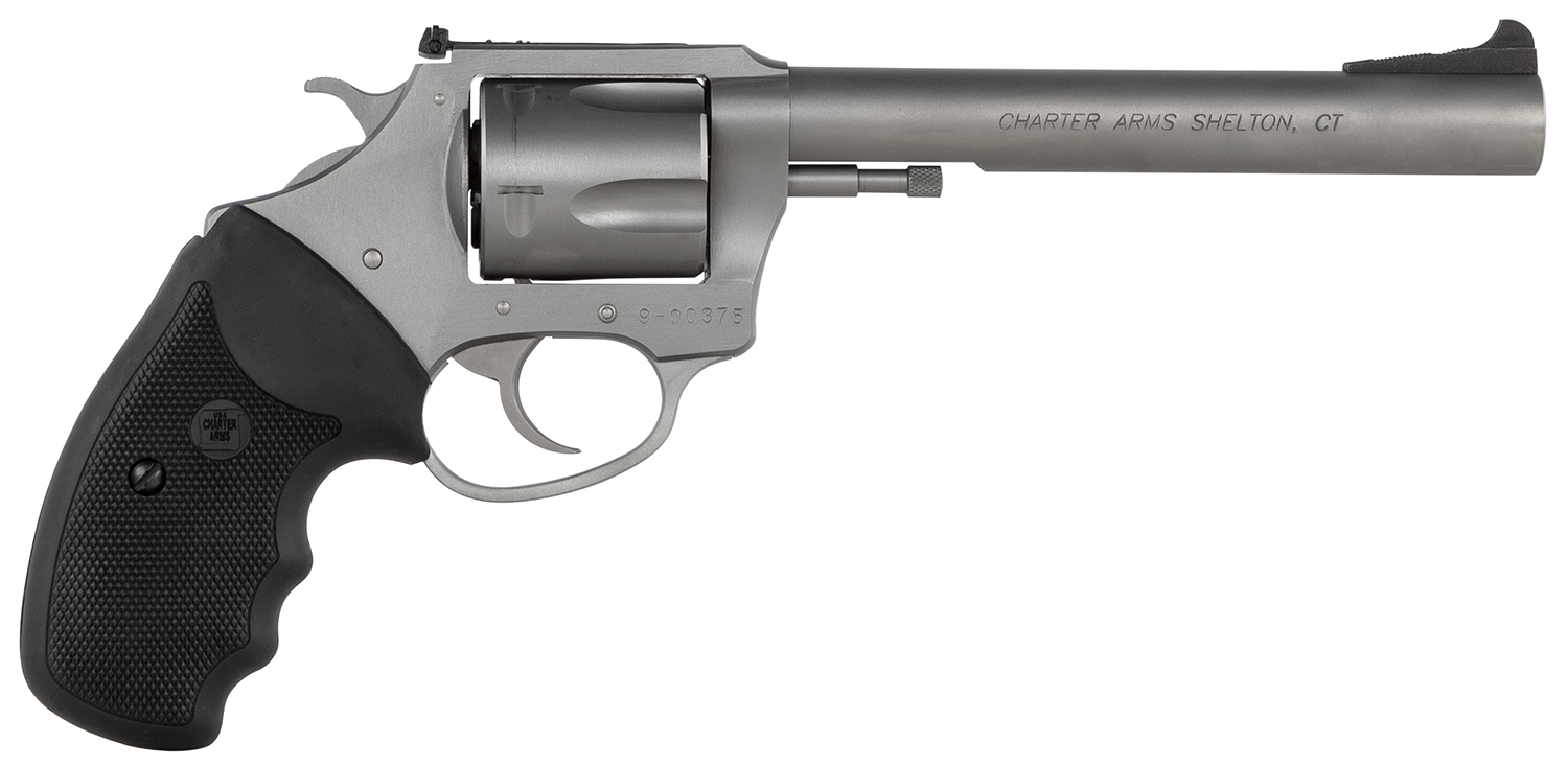 Charter Arms 74460 Bulldog Target Large 44 Special, 5 Shot 6" Matte Stainless Steel Barrel, Cylinder & Frame w/Black Finger Grooved Rubber Grip