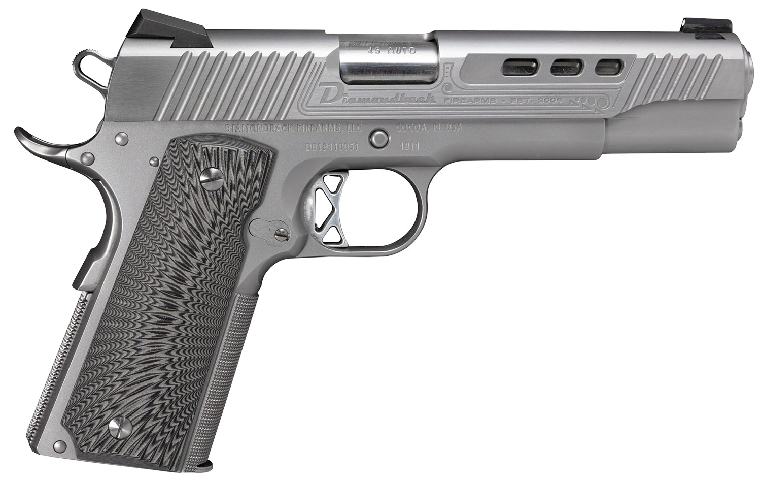 Diamondback DB1911SS 1911 Limited Edition 45 ACP 8+1 5" Stainless Match Grade Barrel, Ported/Serrated Stainless Steel Slide & Frame w/Beavertail, Black G10 Grip