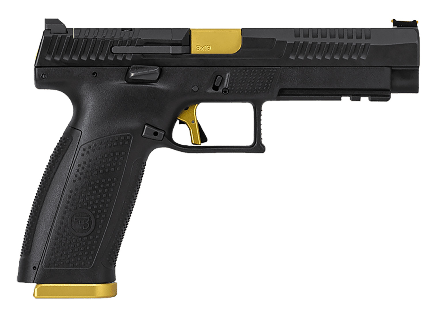 CZ-USA 95180 P-10 F Competition-Ready 9mm Luger 5" 19+1 Overall Black Finish with Inside Railed Steel with Optic Cut Slide, Polymer Grip, Gold Accents & Picatinny Rail