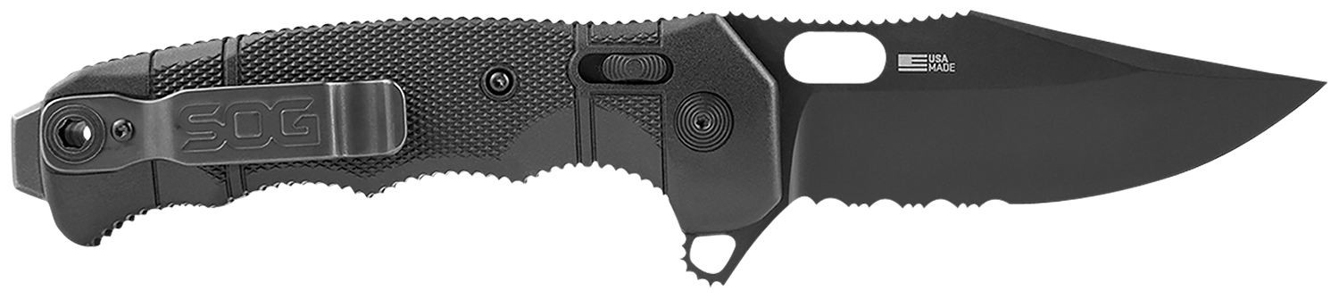 S.O.G SOG12210557 Seal XR 3.90" Folding Clip Point Part Serrated Black Cerakote S35VN SS Blade/Black GRN Handle Includes Belt Clip