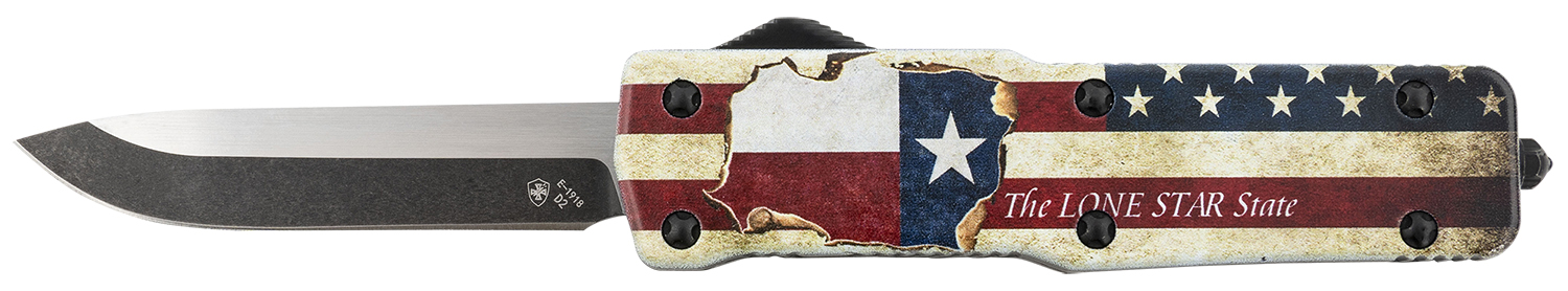Templar Knife SZTX321 Premium Weighted Texan Small 3" OTF Drop Point Plain Black Oxide Stonewashed D2 Steel Blade, 4.50" Red/White/Blue w/"The LONE STAR State" Aluminum Zinc Alloy Handle
