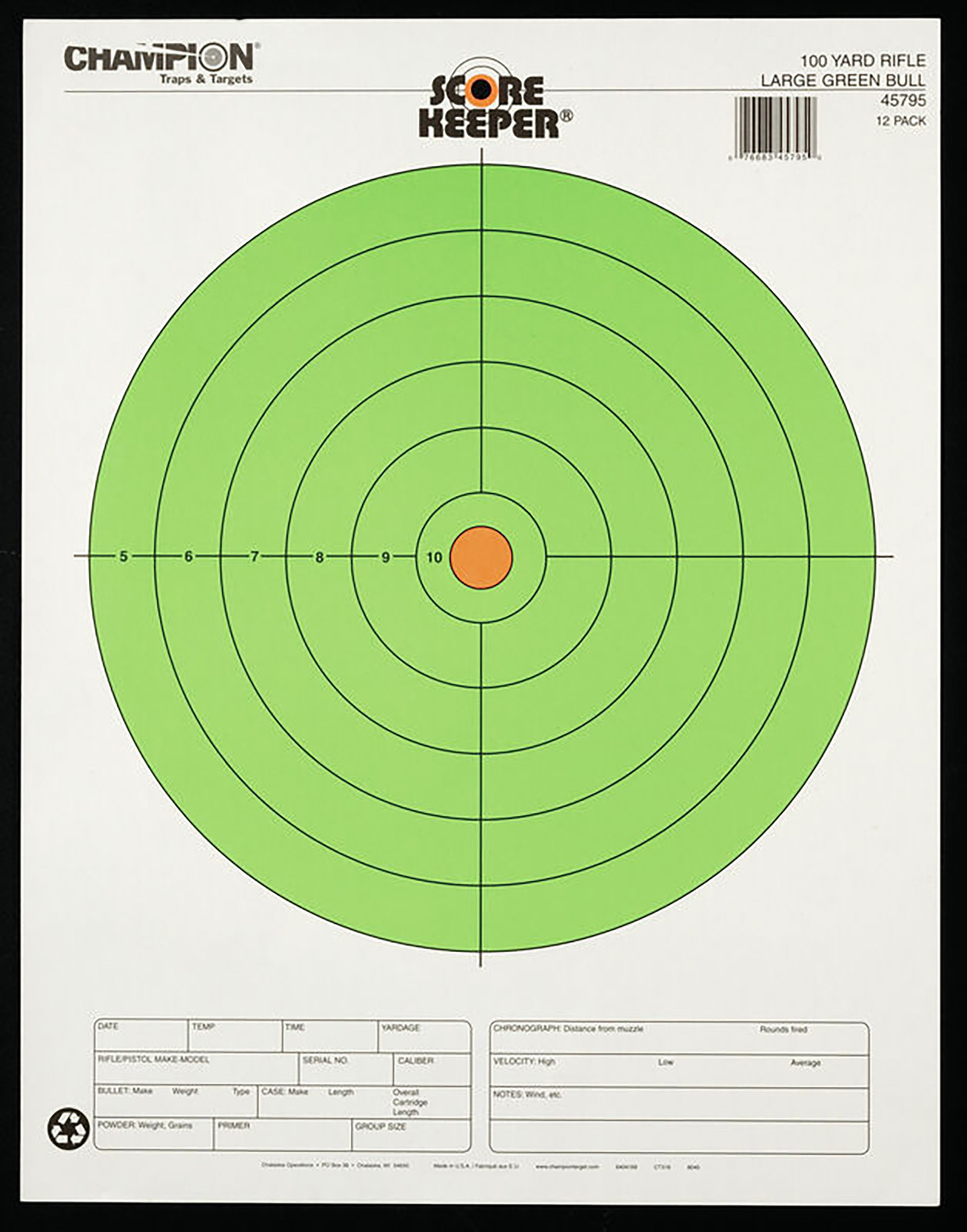 Champion Targets 45795 Score Keeper Bullseye Paper Hanging 100 yds Rifle Large Fluorescent Green & Orange 12 PK