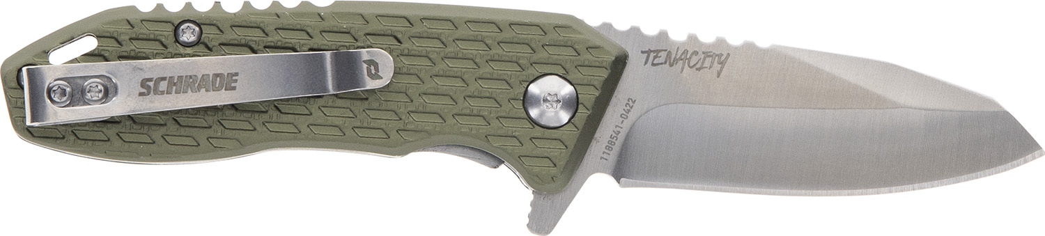 Schrade 1159317 Tenacity Folding Modified Drop Point Part Serrated Satin AUS-10A SS Blade, Green Aluminum Handle