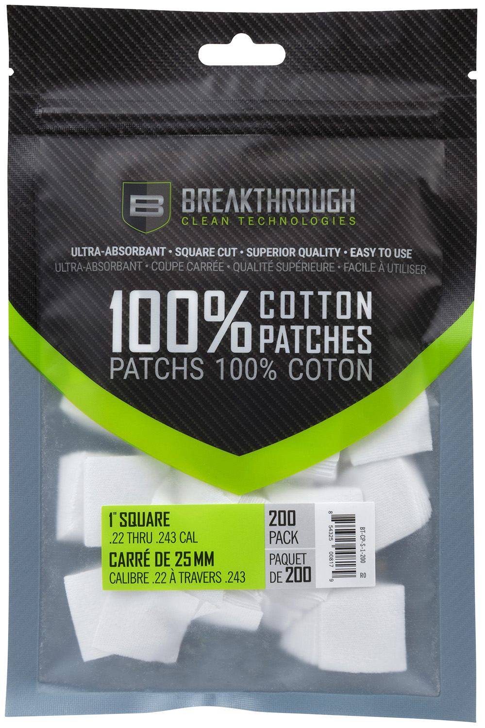 Breakthrough Clean BTCPS1200 Square Patches .22-243 Cal 200 pieces