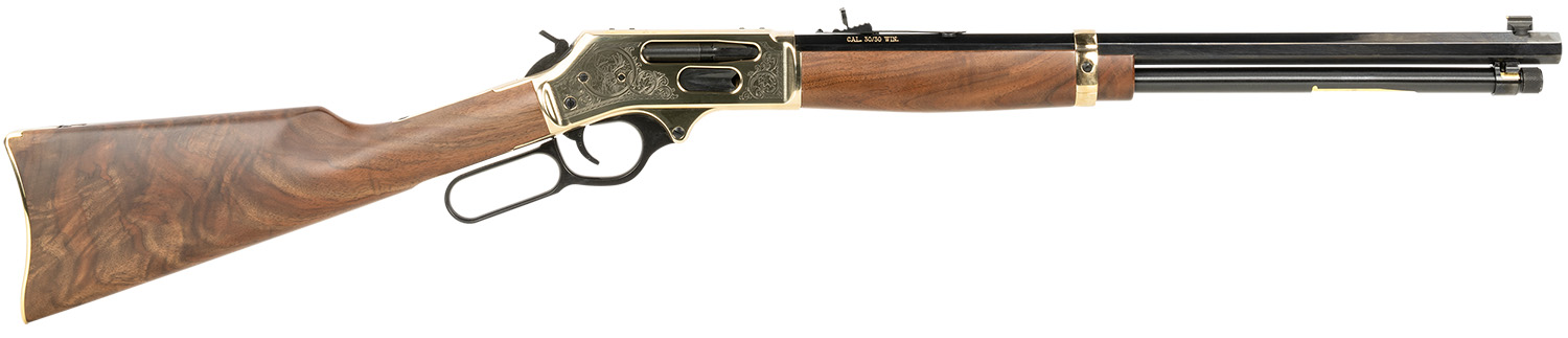 Henry H009BGWL Wildlife 30-30 Win 5+1 20" Blued Octagon, Polished Brass Engraved Rec, American Walnut Furniture, Adj. Brass Buckhorn Sight