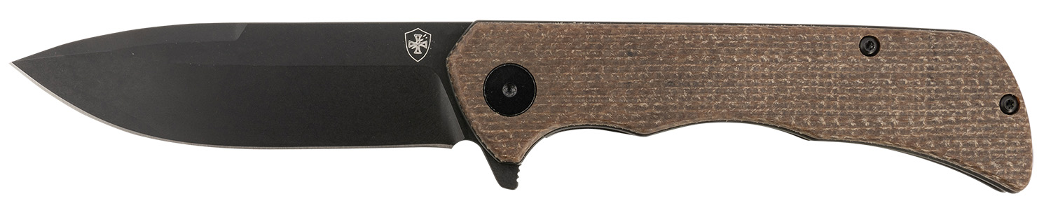 Templar Knife PFMBN321 Paladin 3.27" Folding Drop Point Plain Black Powder Coated D2 Steel Blade, 4.40" Brown Micarta Handle