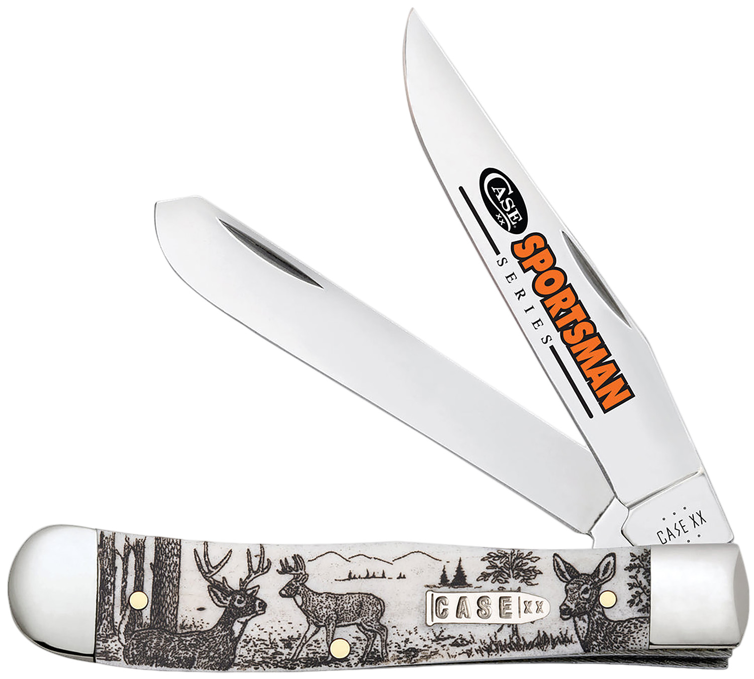 Case 81220 Trapper Sportsman Folding Clip Point/Spey Plain Mirror Polished Tru-Sharp SS Blade/Deer Embellished Natural Bone Handle