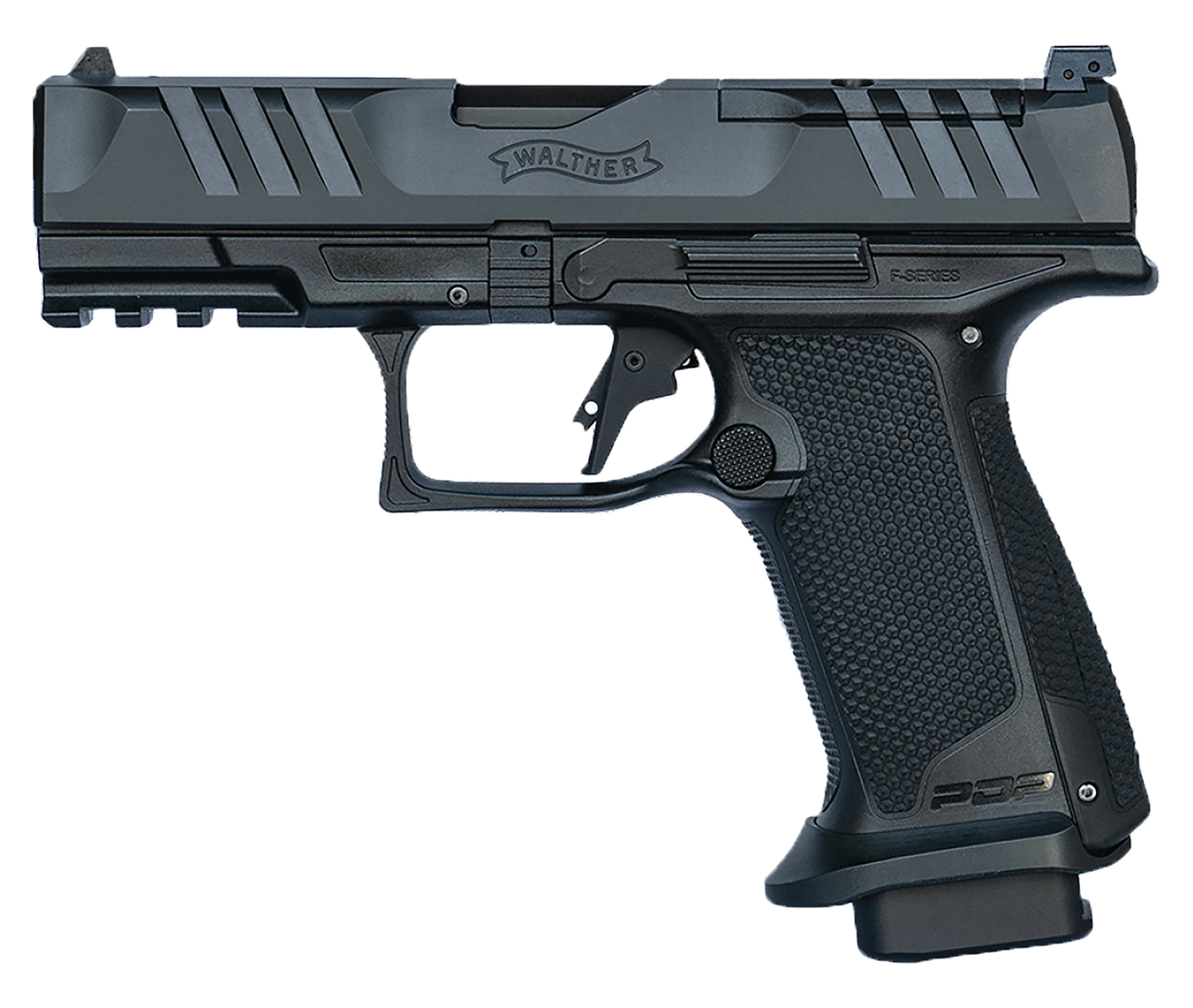 Walther Arms 4797056 PDP F-Series Pro E 9mm Luger 10+1 4" Black Steel Barrel, Black Optic Ready/Serrated Steel Slide, Black Polymer Frame w/Picatinny Rail, Interchangeable Backstrap Grip