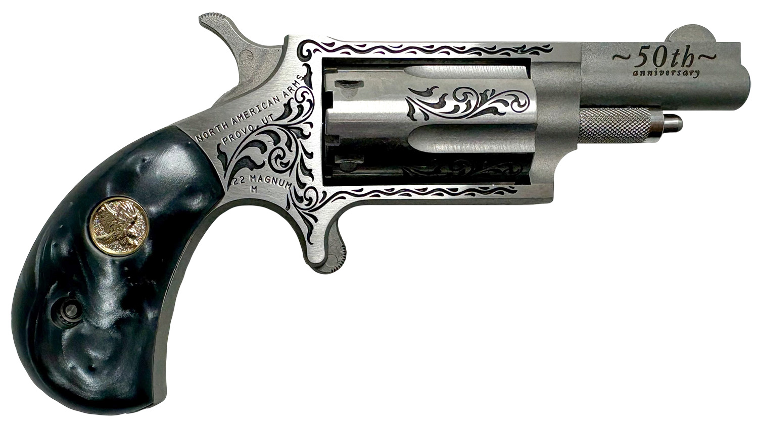 North American Arms 22M50B 50th Anniversary 22 Mag 5 Shot 1.63" Matte Stainless w/"50th Anniversary" & Scroll Engraving, Black Pearl Grip, Exposed Hammer