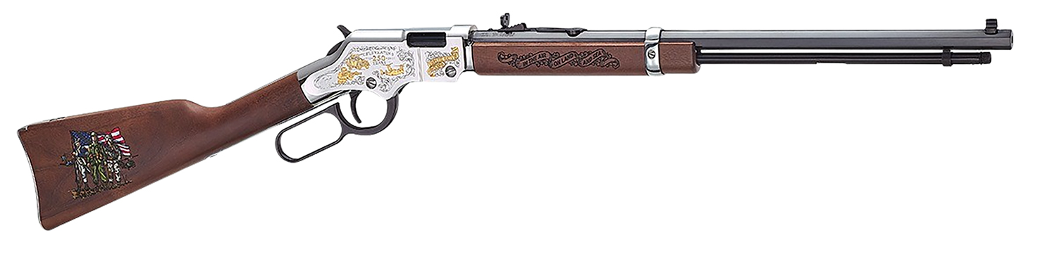 Henry H004MC2 Spirit Of The Corps 250th Anniversary 2nd Edition 22 S/L/LR 16+1 20" Black Octagon Barrel, Nickel-Plated w/24K Gold Inlay Engraved Brass Drilled & Tapped Receiver, American Walnut Straig