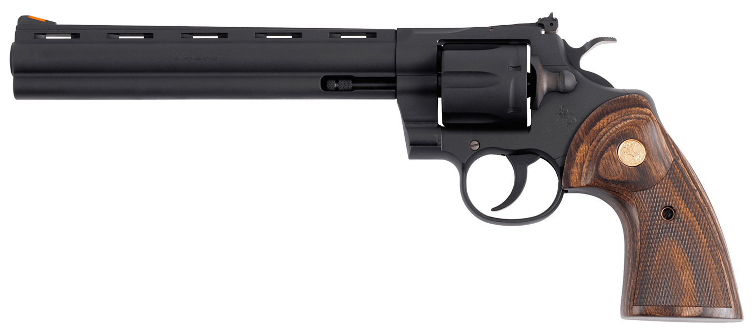 Colt Mfg PYTHONBM8WTS Python 357 Mag/38 Special 6 Shot 8" Matte Blued Vent Rib Carbon Steel Barrel, Cylinder & Frame, Wood Grip, Exposed Hammer