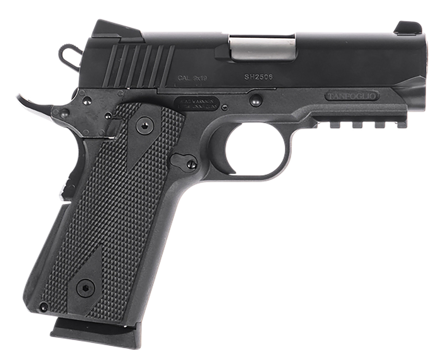 Tanfoglio TFPUGIO9 Pugio Compact 9mm Luger 10+1 3.54" Stainless Bull Barrel, Black Steel Serrated Slide, Black Polymer Frame w/Beavertail & Picatinny Rail, Textured Grip