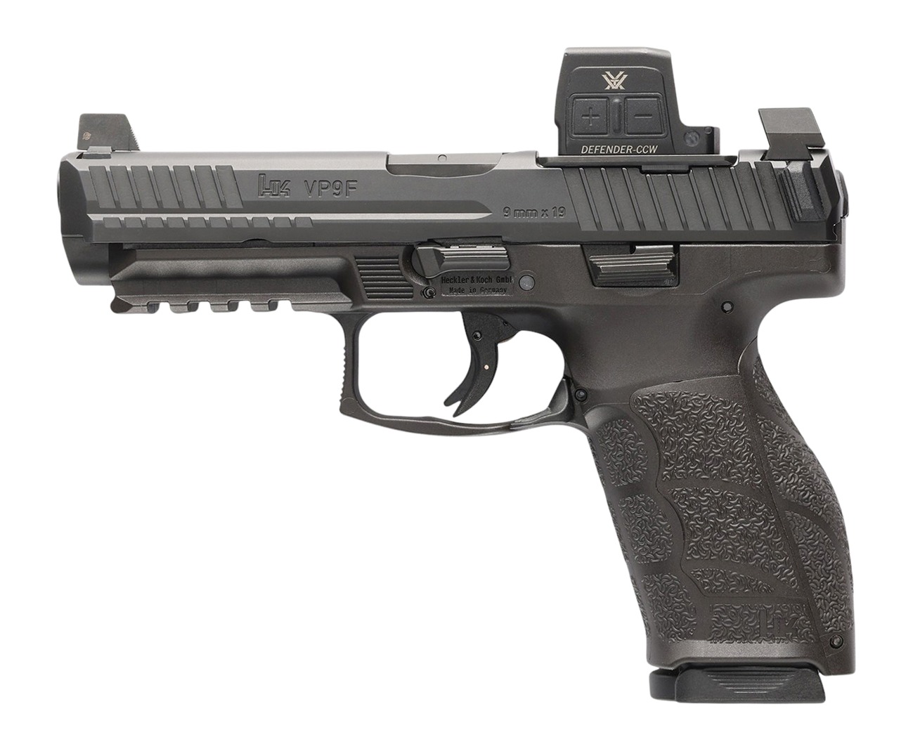 HK 81001351 VP9A1 F w/Optic 9mm Luger 15+1 4.53" Black Barrel & Steel Serrated w/Optic Slide, Black Polymer Frame w/Picatinny Rail, Textured Grip, Vortex CCW