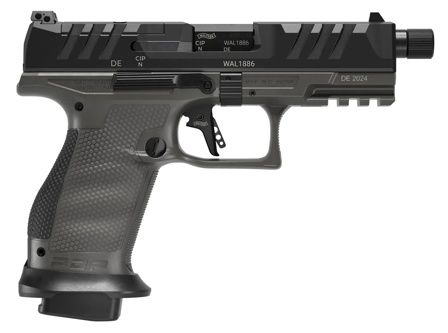 Walther Arms 2871947 PDP Pro SD Compact 9mm Luger 10+1 4.60" Black Threaded Barrel, Black Optic Ready/Serrated Slide, Tungsten Gray Polymer Frame w/Picatinny Rail, Textured Polymer Grip