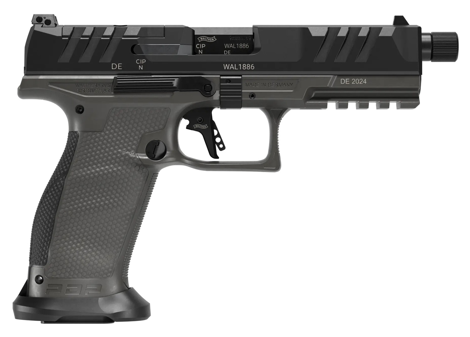Walther Arms 2871971 PDP Pro SD Full Size 9mm Luger 10+1 5.10" Black Threaded Barrel, Black Optic Ready/Serrated Slide, Tungsten Gray Polymer Frame w/Picatinny Rail, Textured Polymer Grip