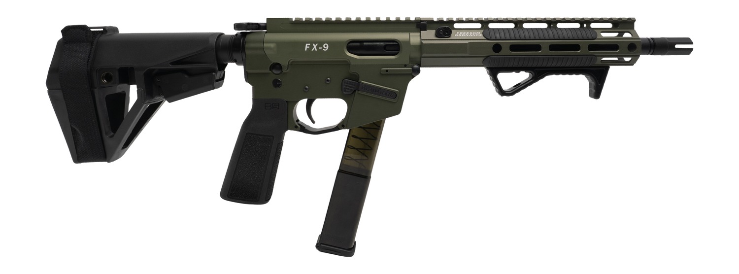 Freedom Ordance FX9P10E-ODG FX9P Elite 9mm Luger 10" Black Nitride Threaded Barrel, OD Green Anodized Aluminum Receiver w/Picatinny Rail, M-LOK Handguard, Black Polymer SB Tactical SBA5 Brace, Black P