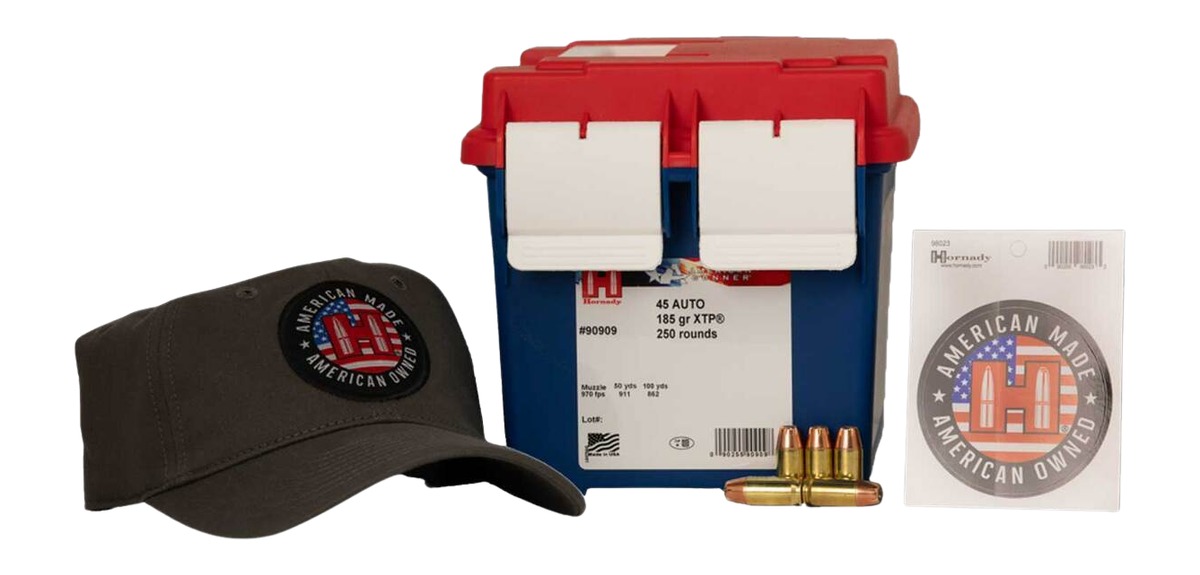 Hornady American Gunner Handgun Ammunition 45 Auto 185gr XTP 970 fps 250/ct Loose Ammo Can with Hat/Sticker