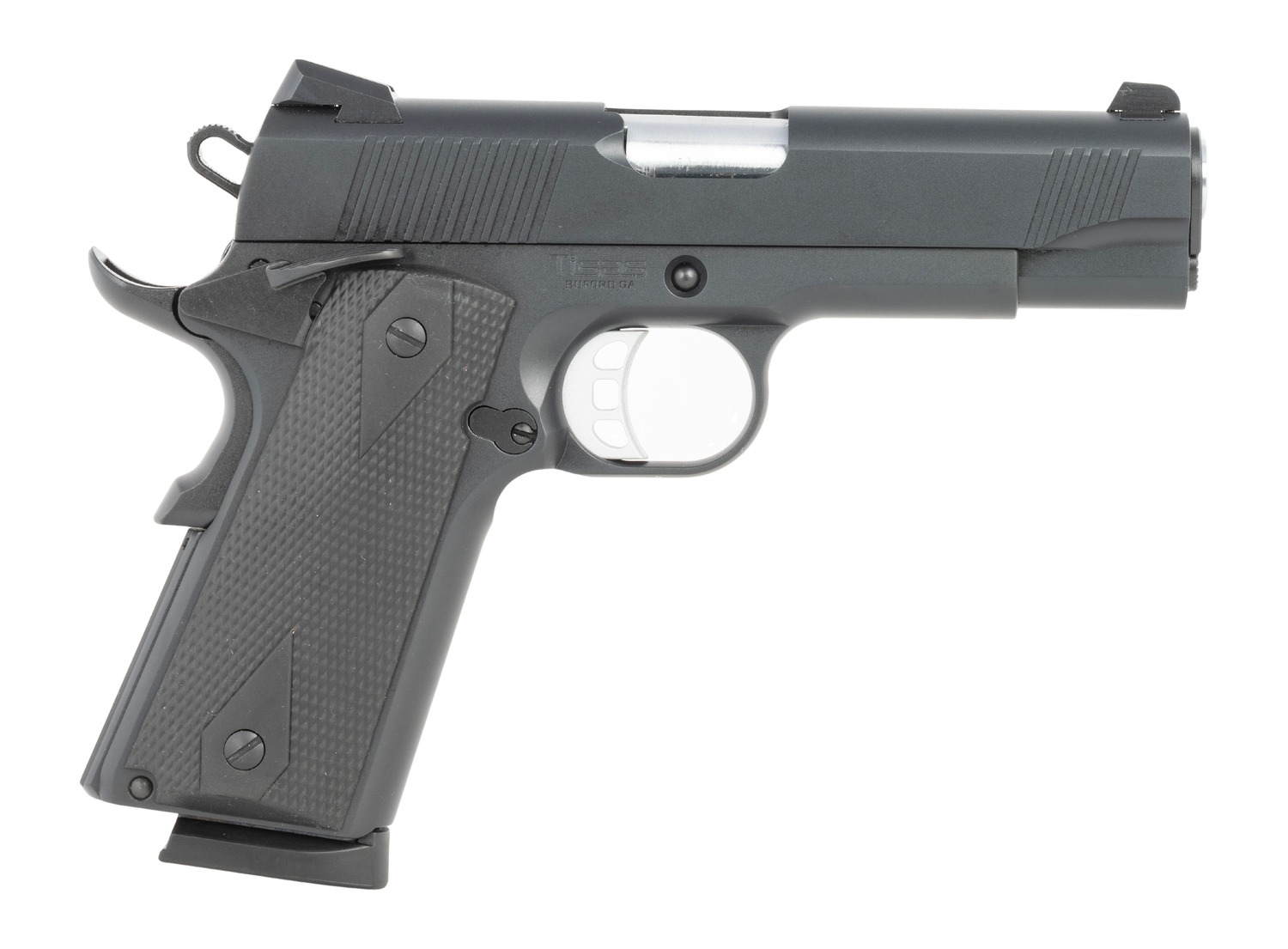 Tisas Arms 10100119 1911 Carry 45 ACP 8+1 4.25" Black Cerakote Carbon Steel Serrated Slide & Frame w/Beavertail, Black Rubber Grip