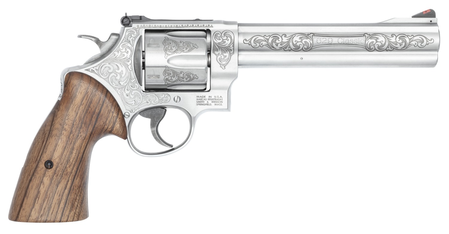 Smith & Wesson 14784 Model 629 N-Frame Large 44 S&W Spl/44 Rem Mag 6 Shot 6.50" Stainless Steel Engraved Barrel, Cylinder & Frame, Tyler Gun Works Bear Hugger Walnut Grip, Exposed Hammer