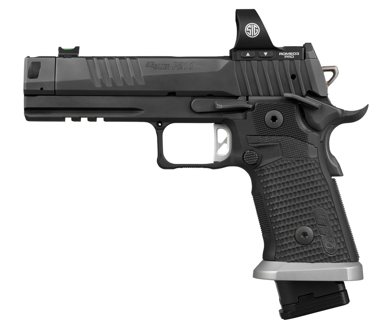 Sig Sauer P211 GTO w/Optic 9mm Luger 23+1 4.40" Bull Barrel, Black Nitron Stainless Steel Serrated w/Optic Slide & Frame w/Beavertail & Picatinny Rail, Black G10 Grip, Sig ROMEO3 PRO Red Dot, Ambidex