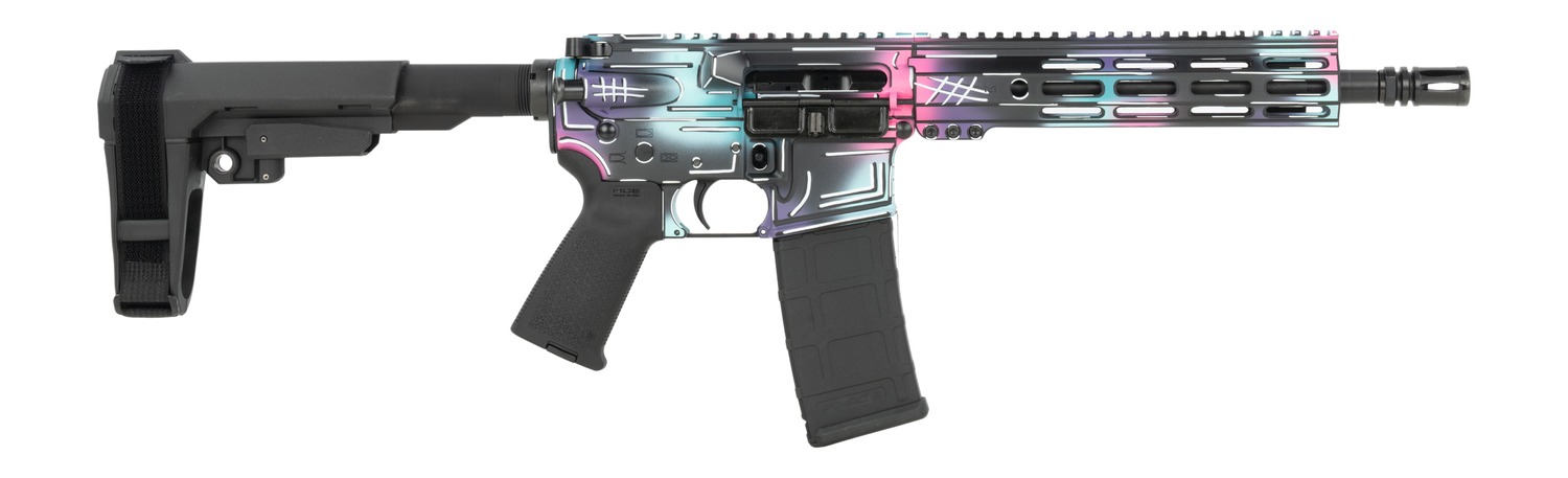 Shark Coast Tactical SCC07077DISCO-P Anime-15 Disco 5.56 NATO 30+1 10.50" Black Nitride Threaded Barrel, Aluminum Receiver w/Picatinny Rail, M-LOK Handguard, Polymer SB Tactical SBA3 Brace, Polymer Gr
