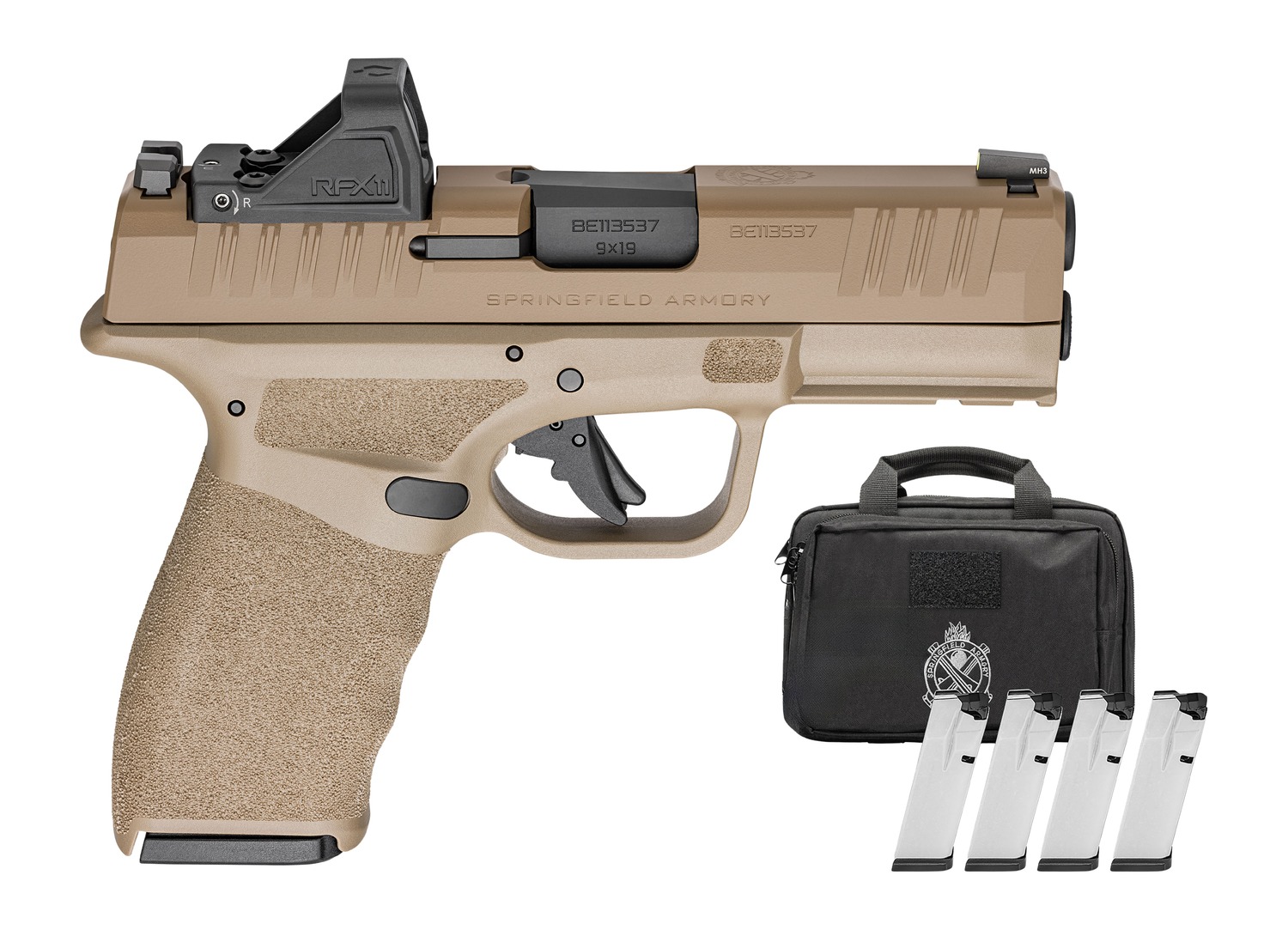 Springfield Armory HCP9379FOSP15PAC Hellcat Pro OSP 9mm Luger 15+1 3.70" Black Melonite Barrel, FDE Cerakote Steel Optic Ready/Serrated Slide & Polymer Frame w/Picatinny Rail, Adaptive Texture Grip