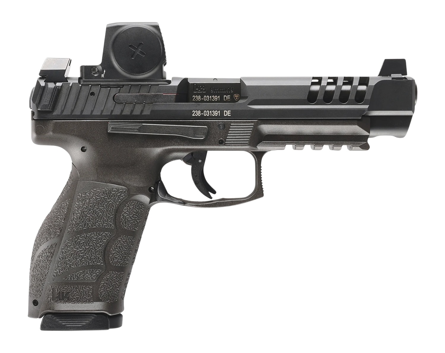 HK 81001373 VP9 A1 L w/Optic Full Size 9mm Luger 15+1 5" Black Steel Barrel & Long/Lightening Cut w/Vortex Defender ST Slide, Black Polymer Frame w/Picatinny Rail, Interchangeable Backstrap Grip, Ambi