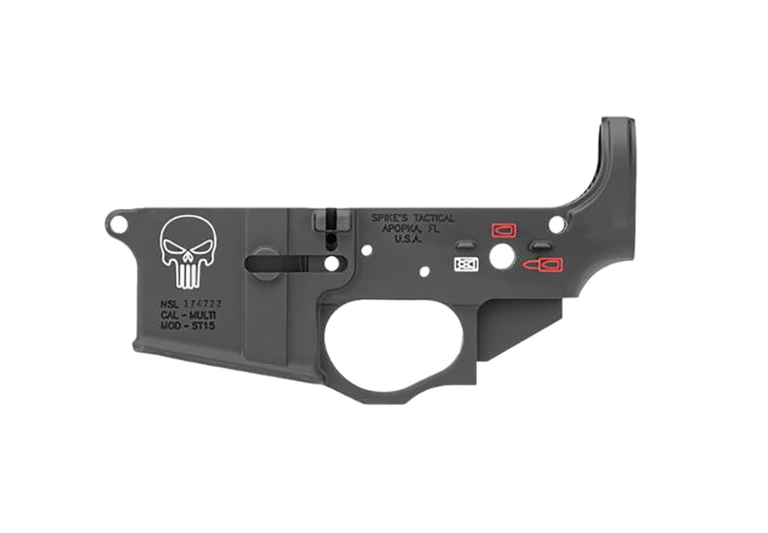Spikes Tactical STLS015CFA Punisher Stripped Lower Receiver Multi-Caliber 7075-T6 Aluminum Black Anodized with Color Fill for AR-15