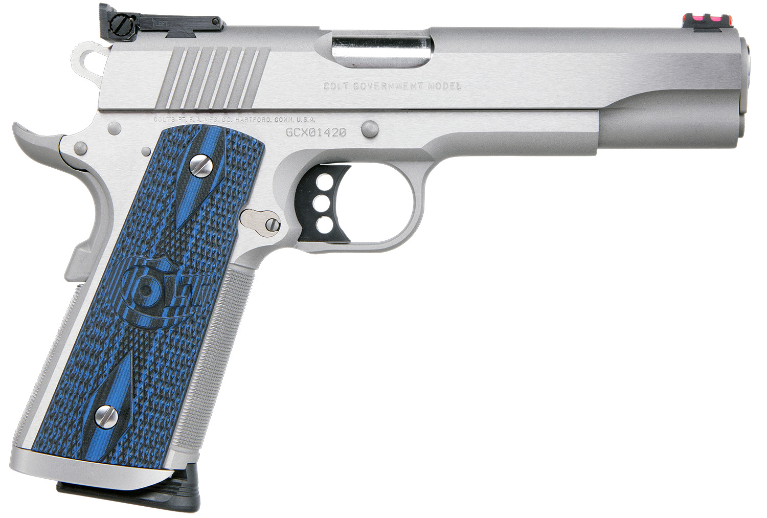 Colt Mfg O5072XE Gold Cup Trophy 9mm Luger 9+1 5" Steel Barrel, Stainless Steel Serrated Slide & Frame w/Beavertail, Competition Blue G10 Grips, Ambidextrous