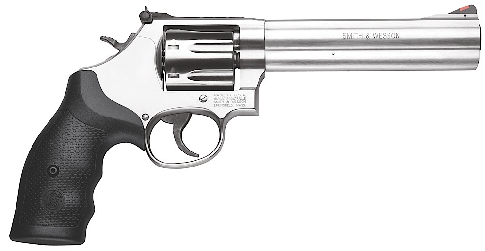 Smith & Wesson 164198 Model 686 Plus 357 Mag or 38 S&W Spl +P  Stainless Steel 6" Barrel & 7rd   Cylinder, Satin Stainless Steel L-Frame, Red Ramp Front/White Outline Rear Sights, Internal Lock