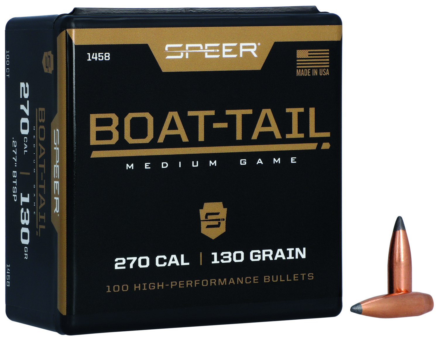 Speer 1458 Boat-Tail 270Cal 130gr Spitzer Boat Tail Soft Point 100 Per Box/5 Case